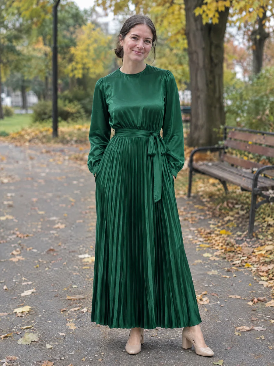 The same shopper wearing the green pleated maxi dress, made by Try it on me