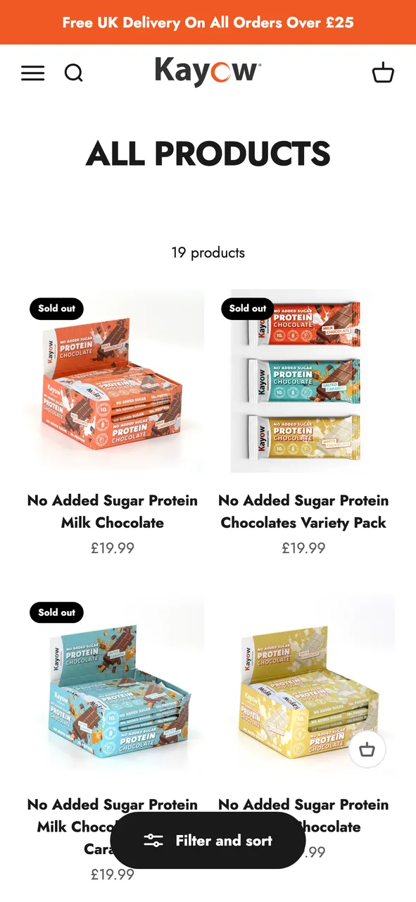Kayow Nutrition all products page on mobile