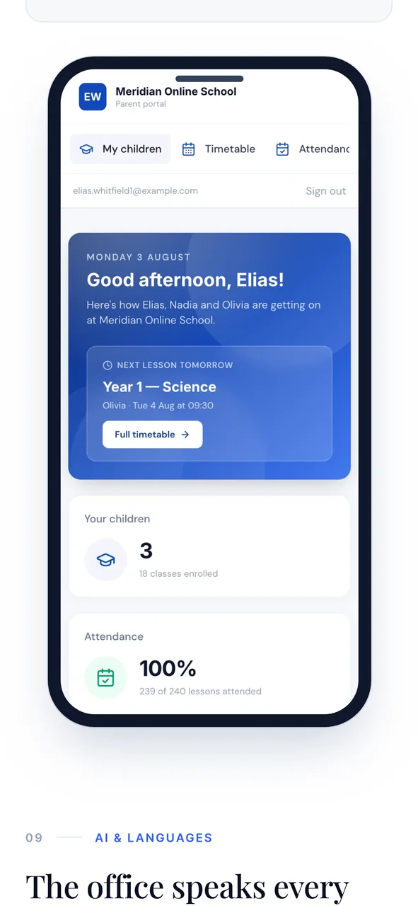 LiveClass parent portal on a phone