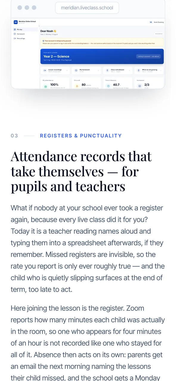 LiveClass automatic attendance section on mobile