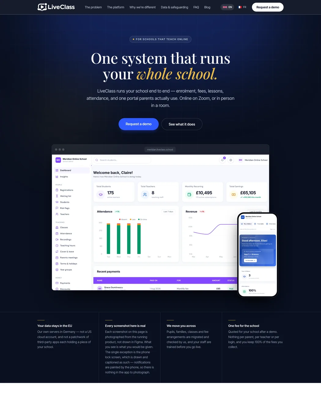 LiveClass product website showing the school dashboard