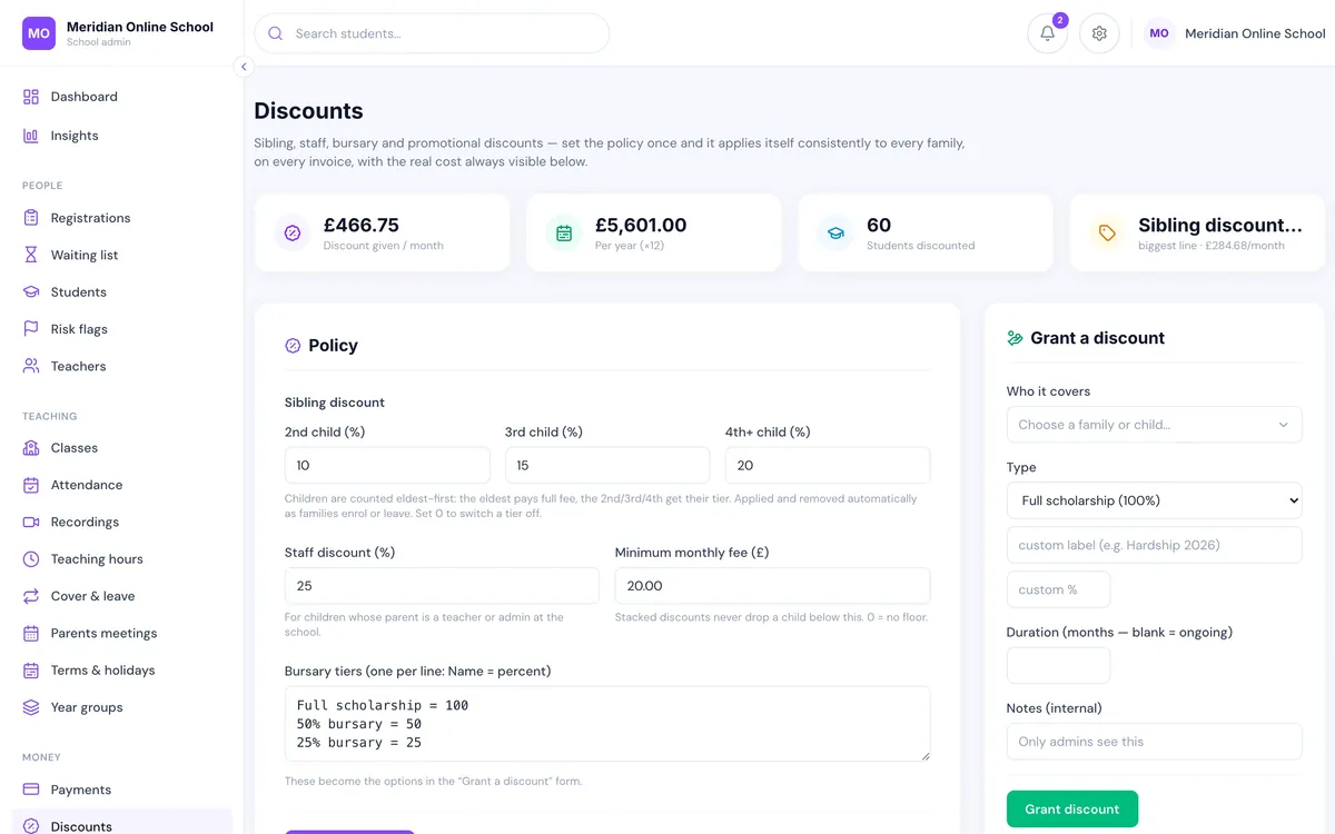 Discounts configuration screen showing sibling, staff and bursary discount rules for an online school