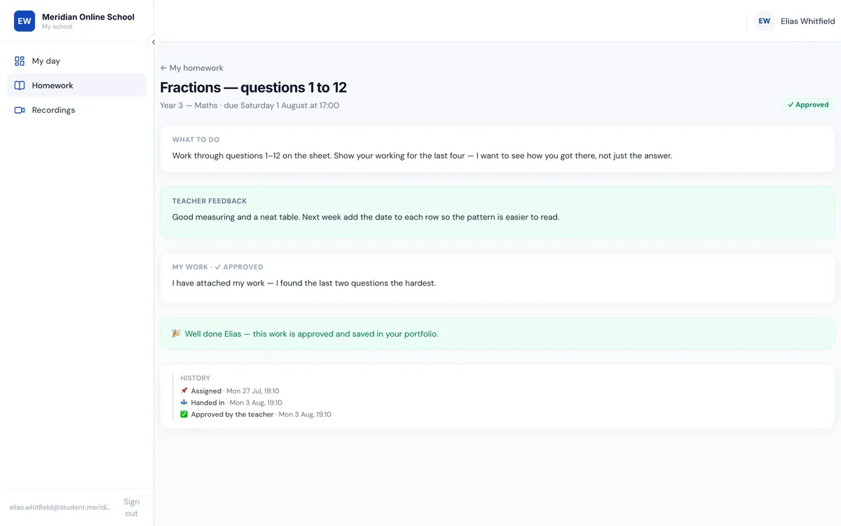 Student homework screen showing assignments, submission formats and teacher marking