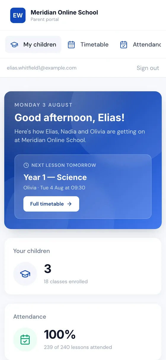 Parent portal on a mobile phone showing all children, next lesson, attendance percentage and a full timetable button