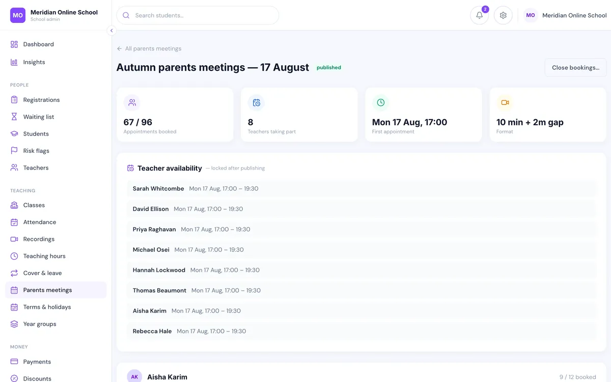 Parents meetings screen showing bookable slots against teacher availability
