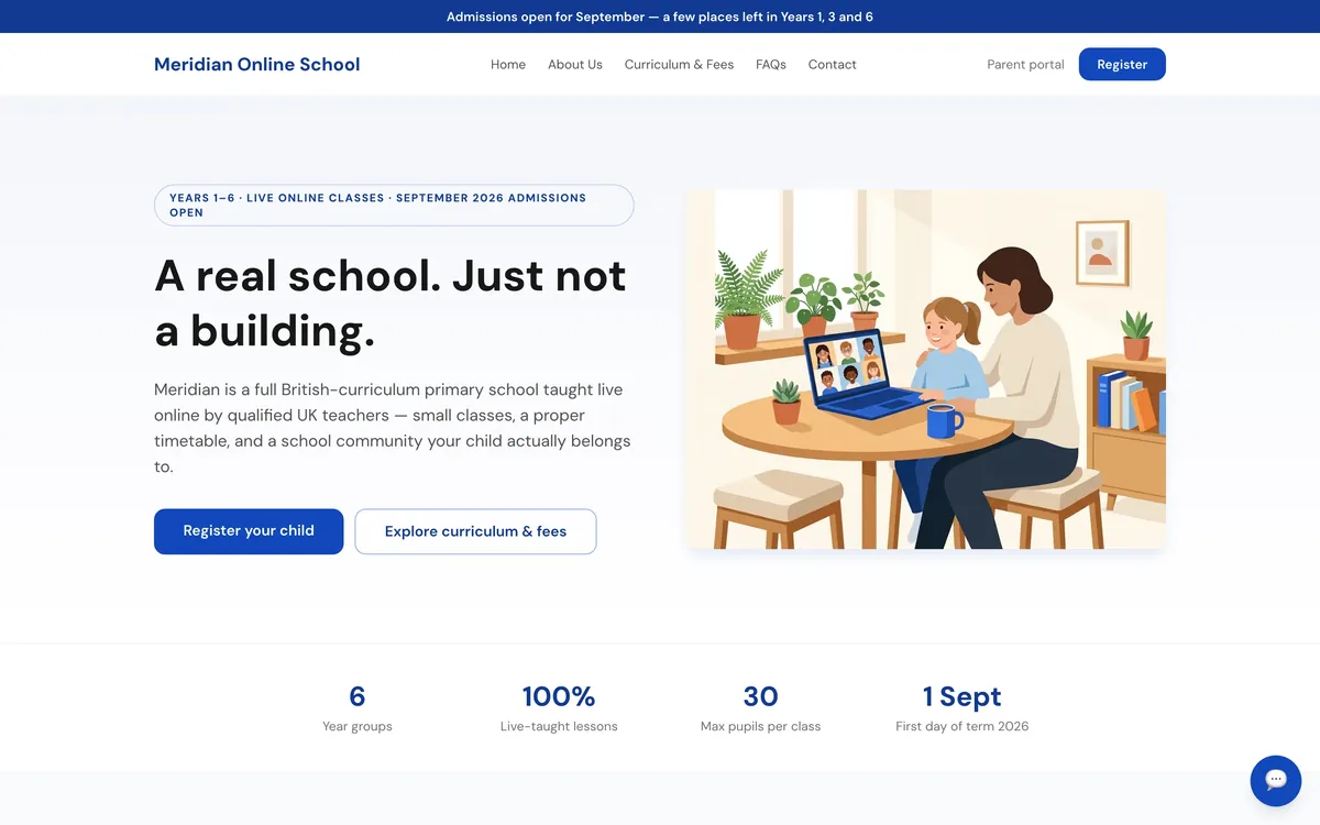 Public admissions website for an online school with a Register your child call to action and September admissions banner