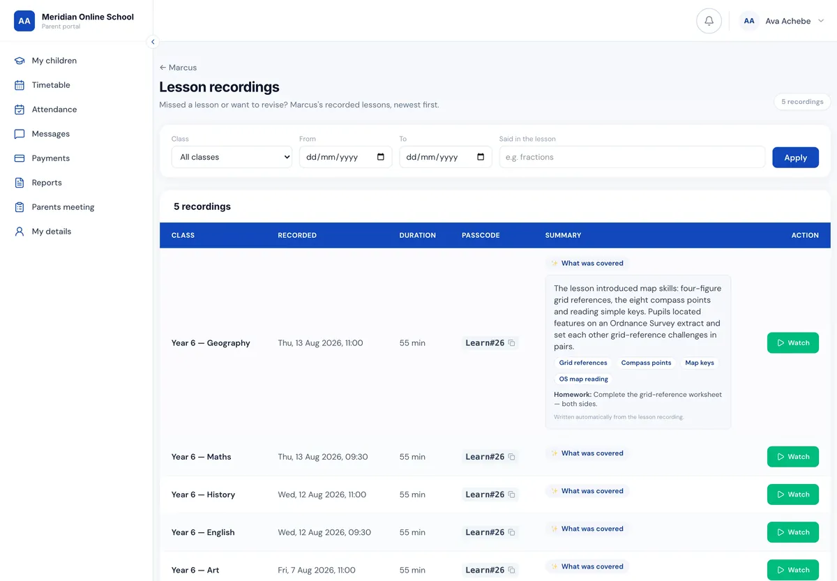 Lesson recordings screen with AI-generated summaries, topics covered and homework set