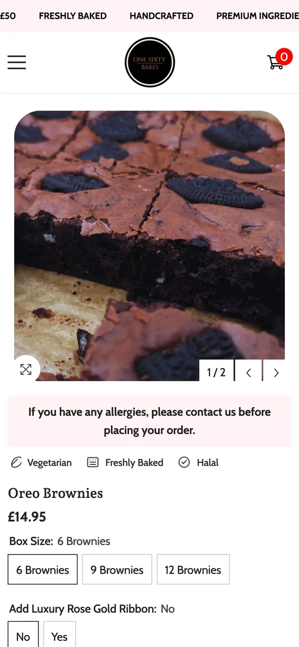 One Sixty Bakes product page on mobile