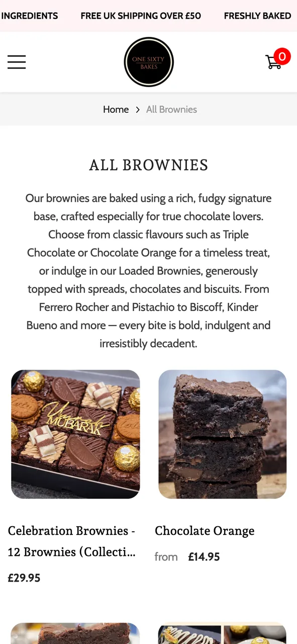 One Sixty Bakes collection page on mobile