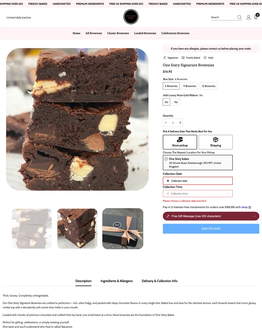 One Sixty Bakes product page with box size, gift ribbon and collection date options