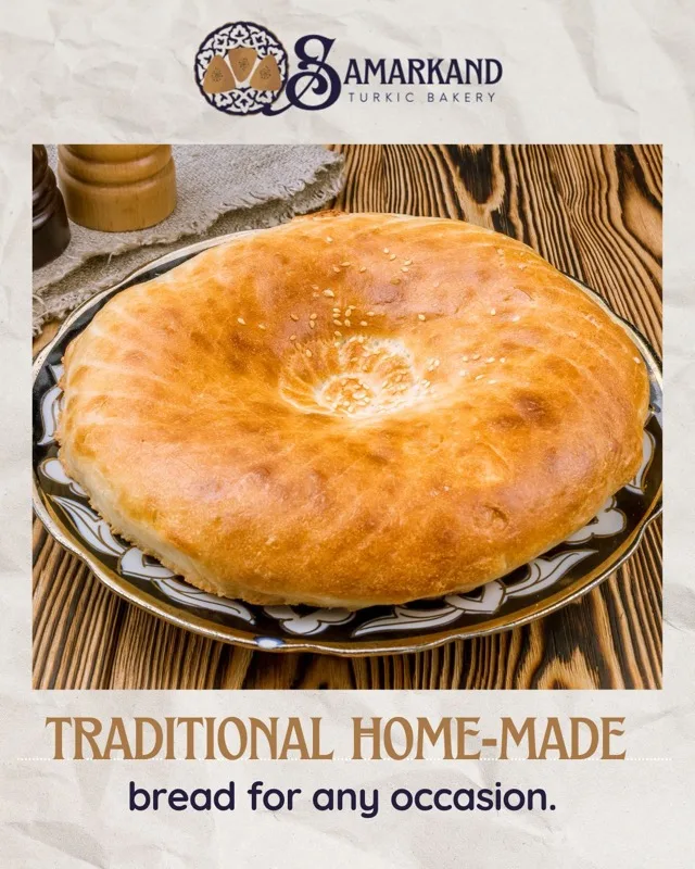 Traditional home-made Uzbek bread served on a hand-painted plate