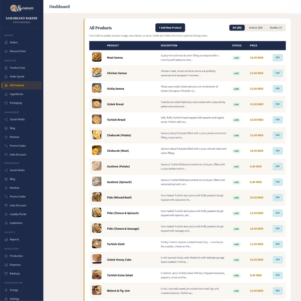 Samarkand Bakery admin dashboard — product management view