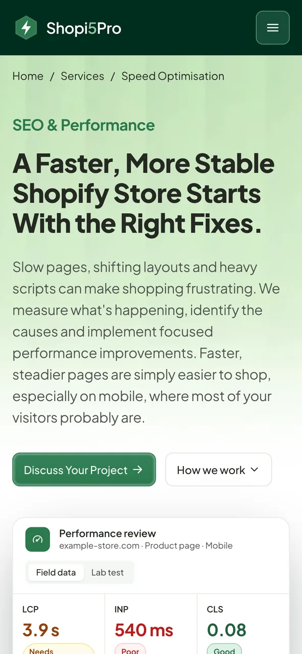 Shopi5Pro speed optimisation service page on mobile