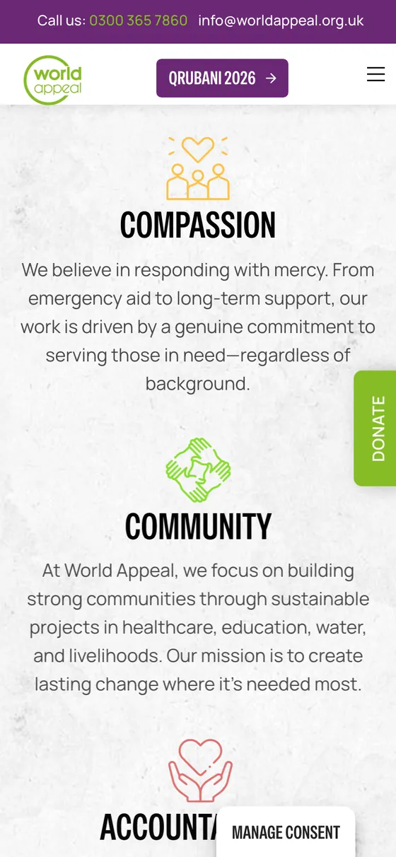 Donation and impact pages we built for World Appeal, a UK charity, shown on a phone