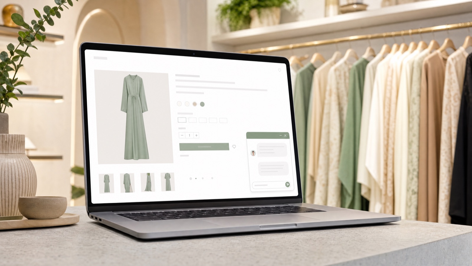 Laptop on a boutique counter showing a product page with a chat assistant window