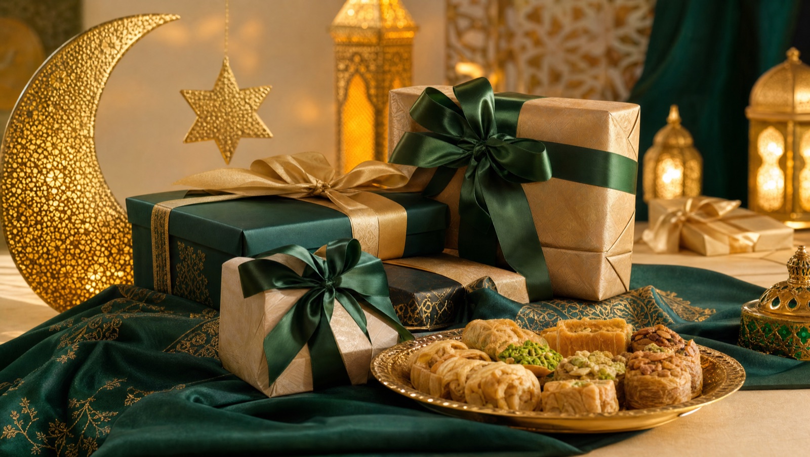 Festive Eid gifts wrapped in gold and green ribbon with crescent decorations