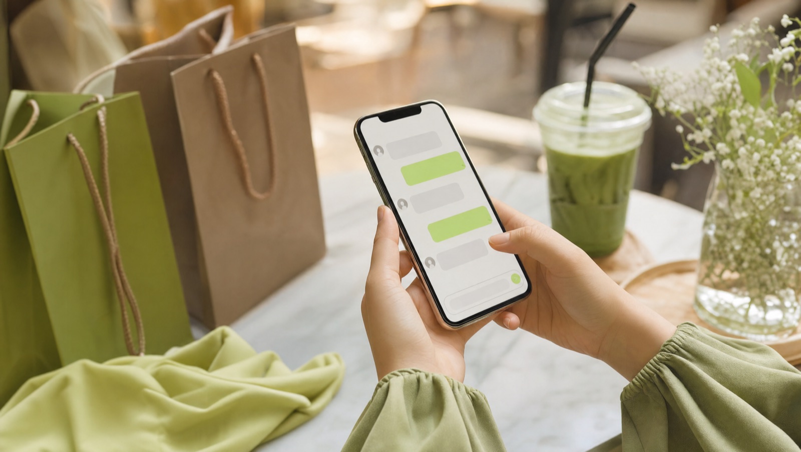 Smartphone showing a chat conversation with shopping bags in the background
