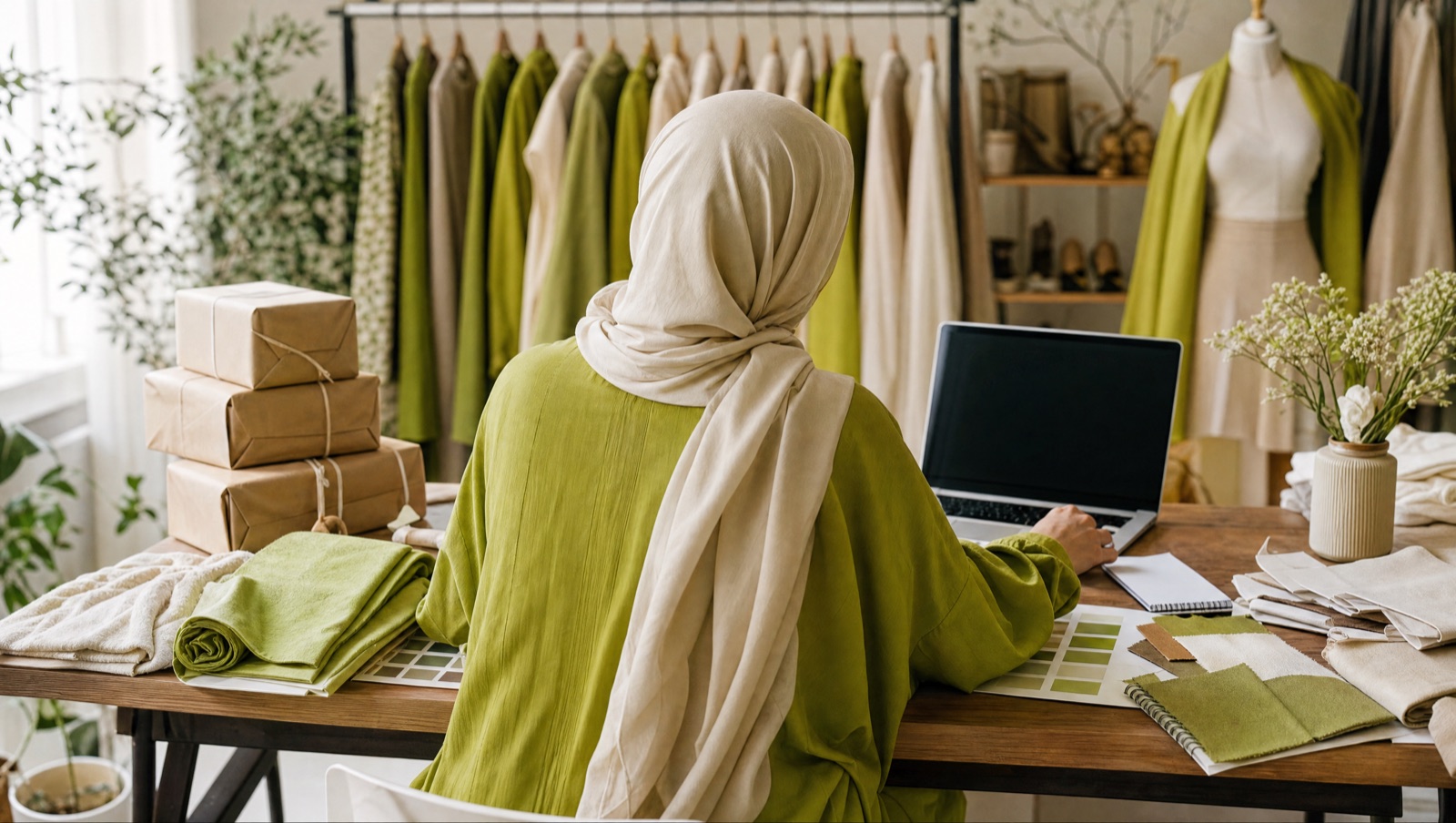 Modest fashion boutique owner at a desk with fabric swatches, parcels and a laptop
