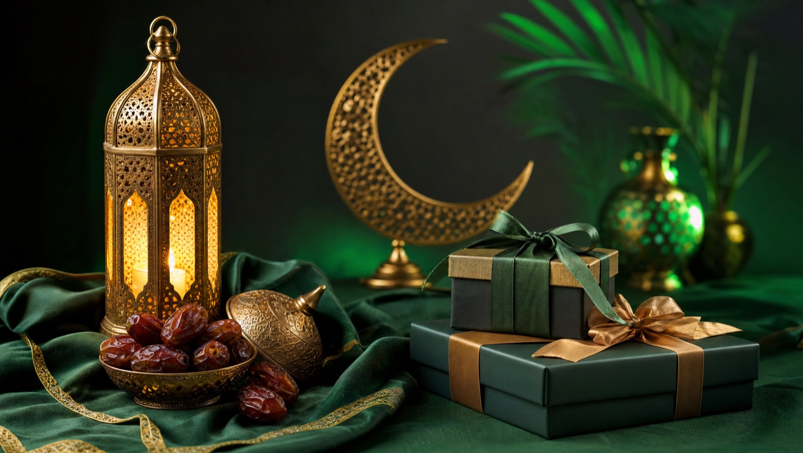 Ramadan still life with brass lantern, dates and wrapped gift boxes on deep green cloth