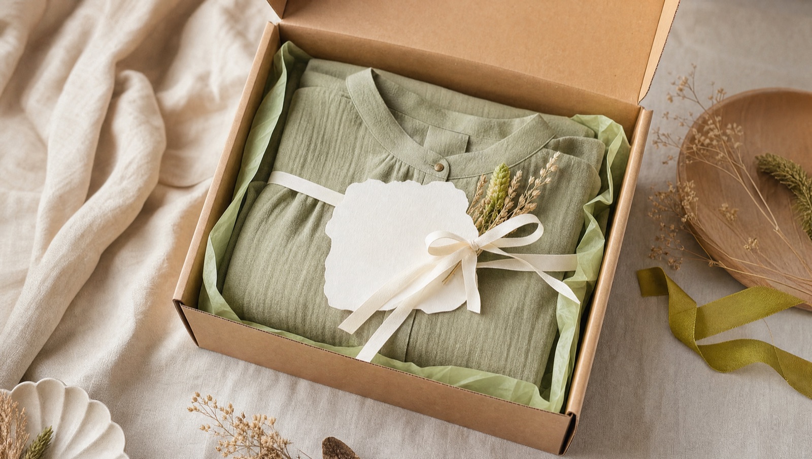 Open kraft box with a folded modest garment in tissue paper and a thank-you card