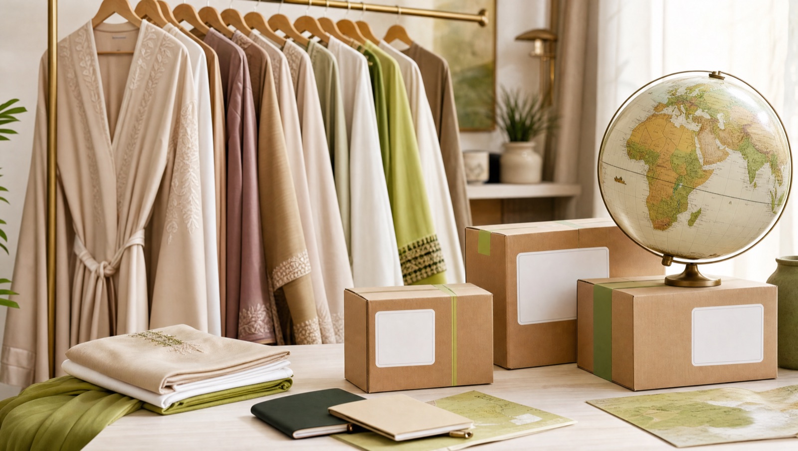 Modest garments on a rack beside a globe and international shipping boxes