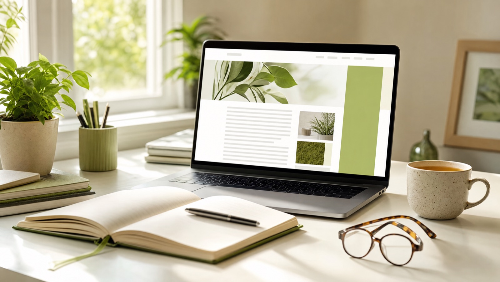 Laptop showing a clean blog article layout beside a notebook and cup of tea