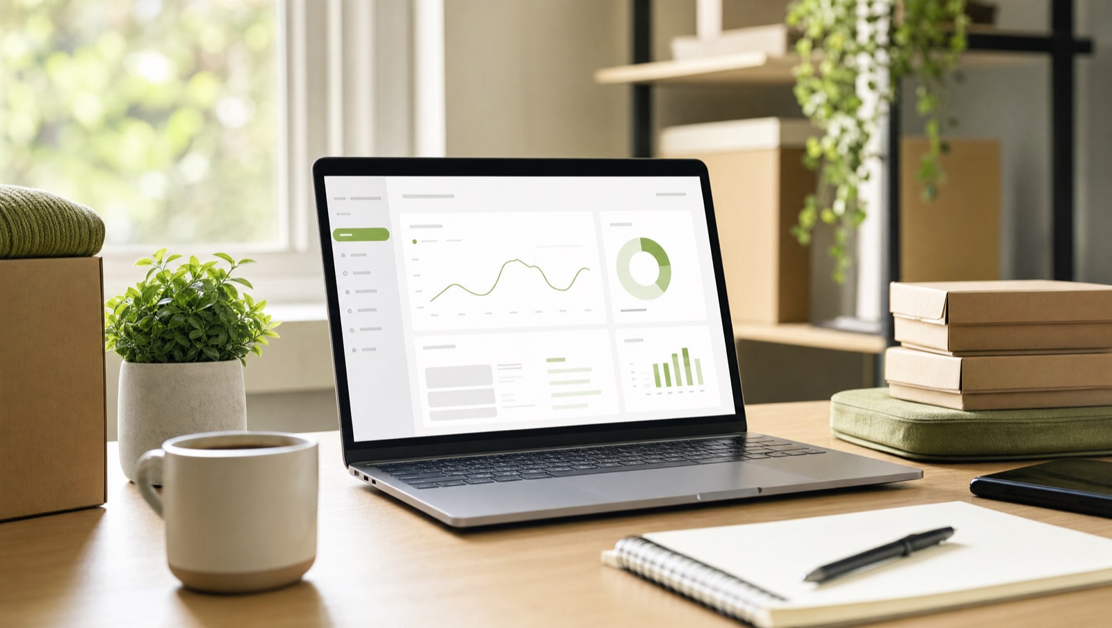 Online store owner's desk with laptop showing an e-commerce analytics dashboard