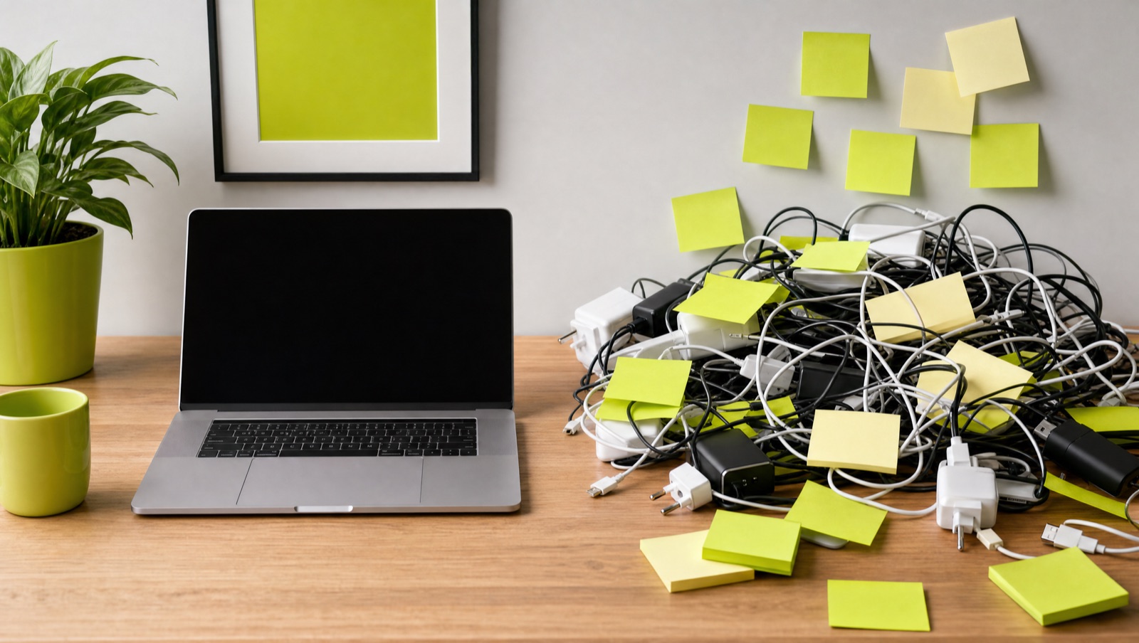 Tidy laptop on one side of a desk contrasted with tangled cables and sticky notes