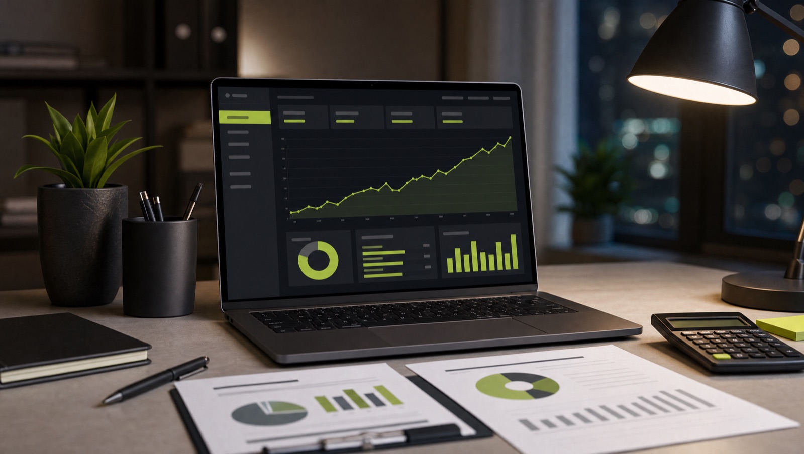 Desk with laptop showing a rising revenue chart beside printed reports