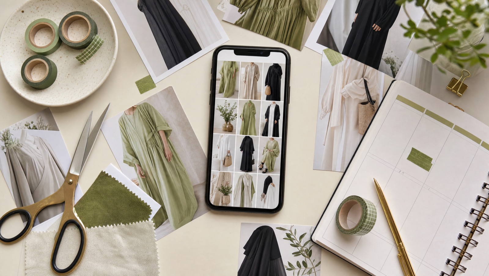 Flat lay of a phone showing a photo grid surrounded by printed product photos and a planner